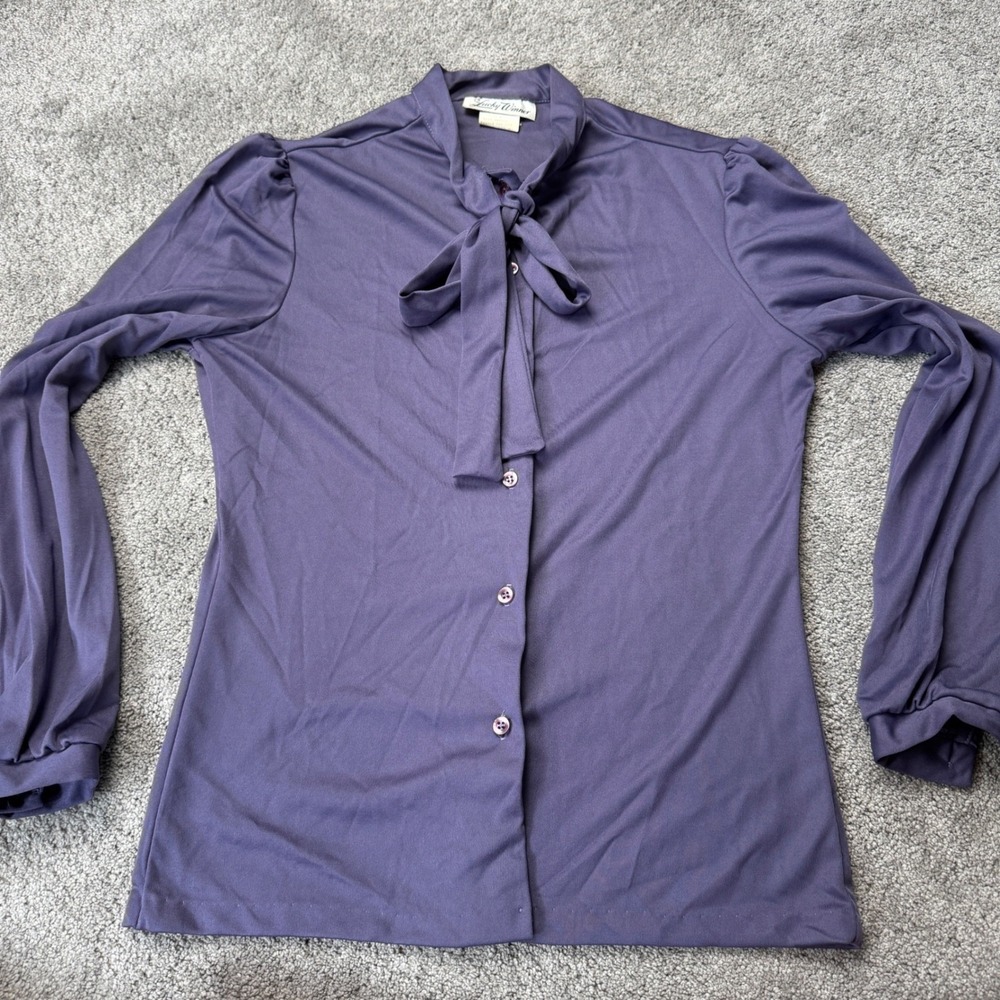 Vintage Lucky Winner Women's 9/10 Purple Long Sleeve Blouse 70s Neck Bow